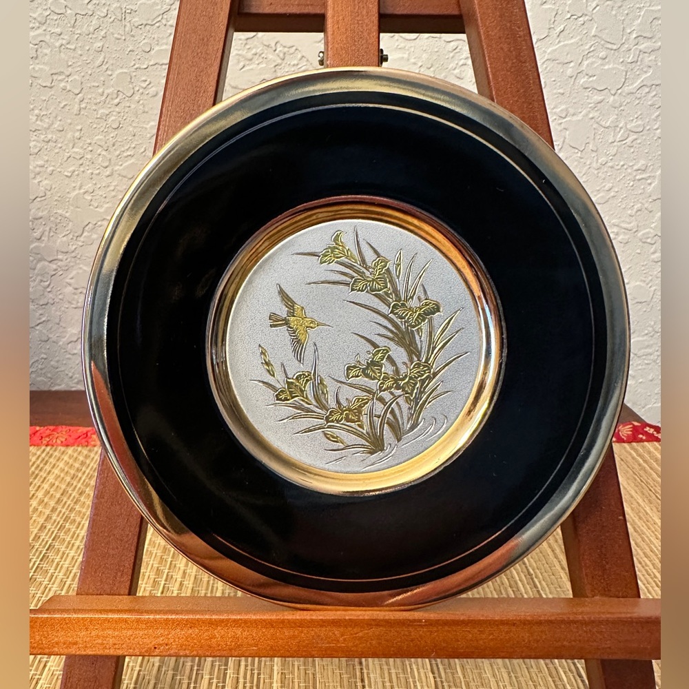 Chokin Japan Hummingbird With Flowers 6” Plate 24K Gold Trim On Black Vintage